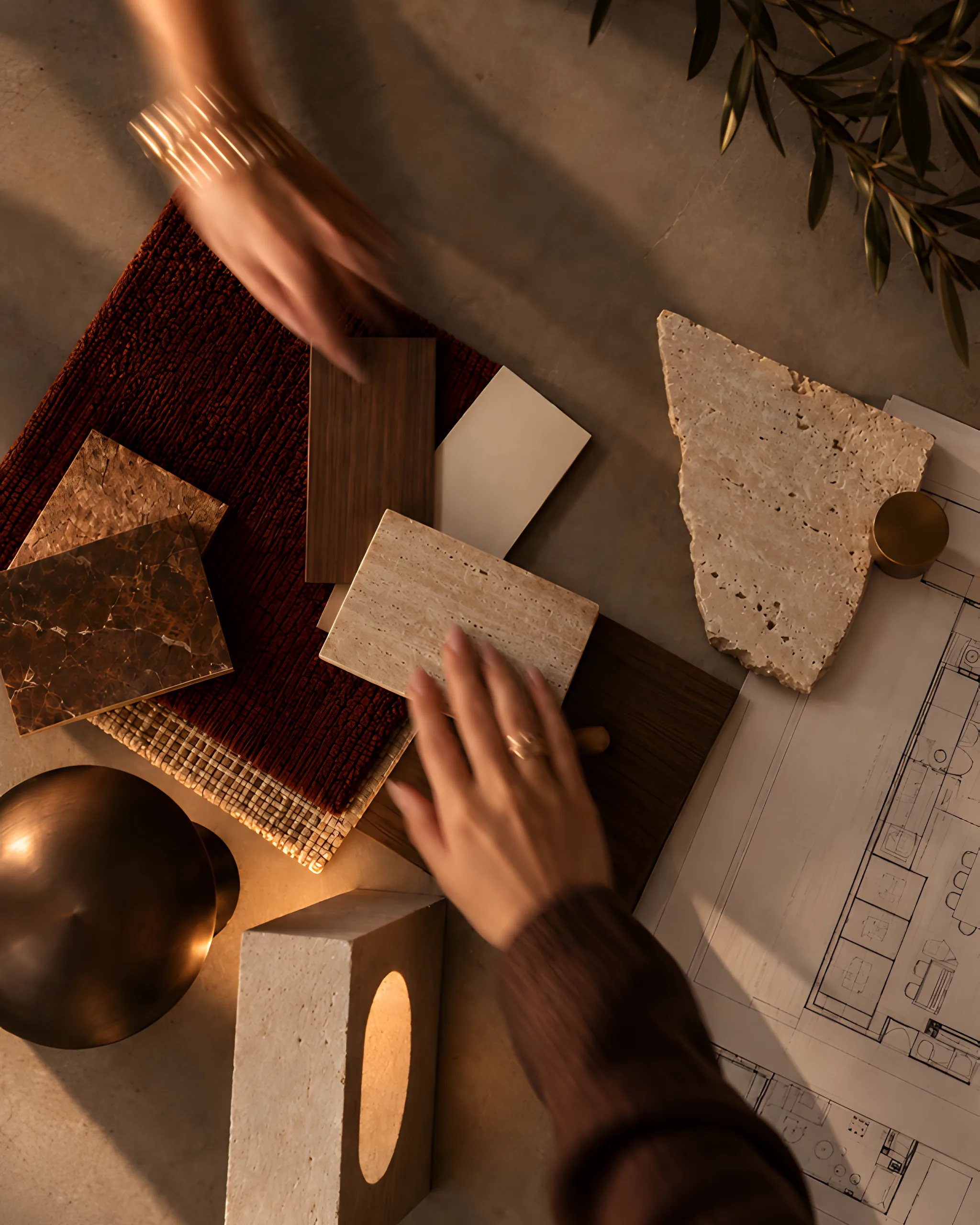 Designers' hands arranging travertine, timber and fabric samples over a floor plan